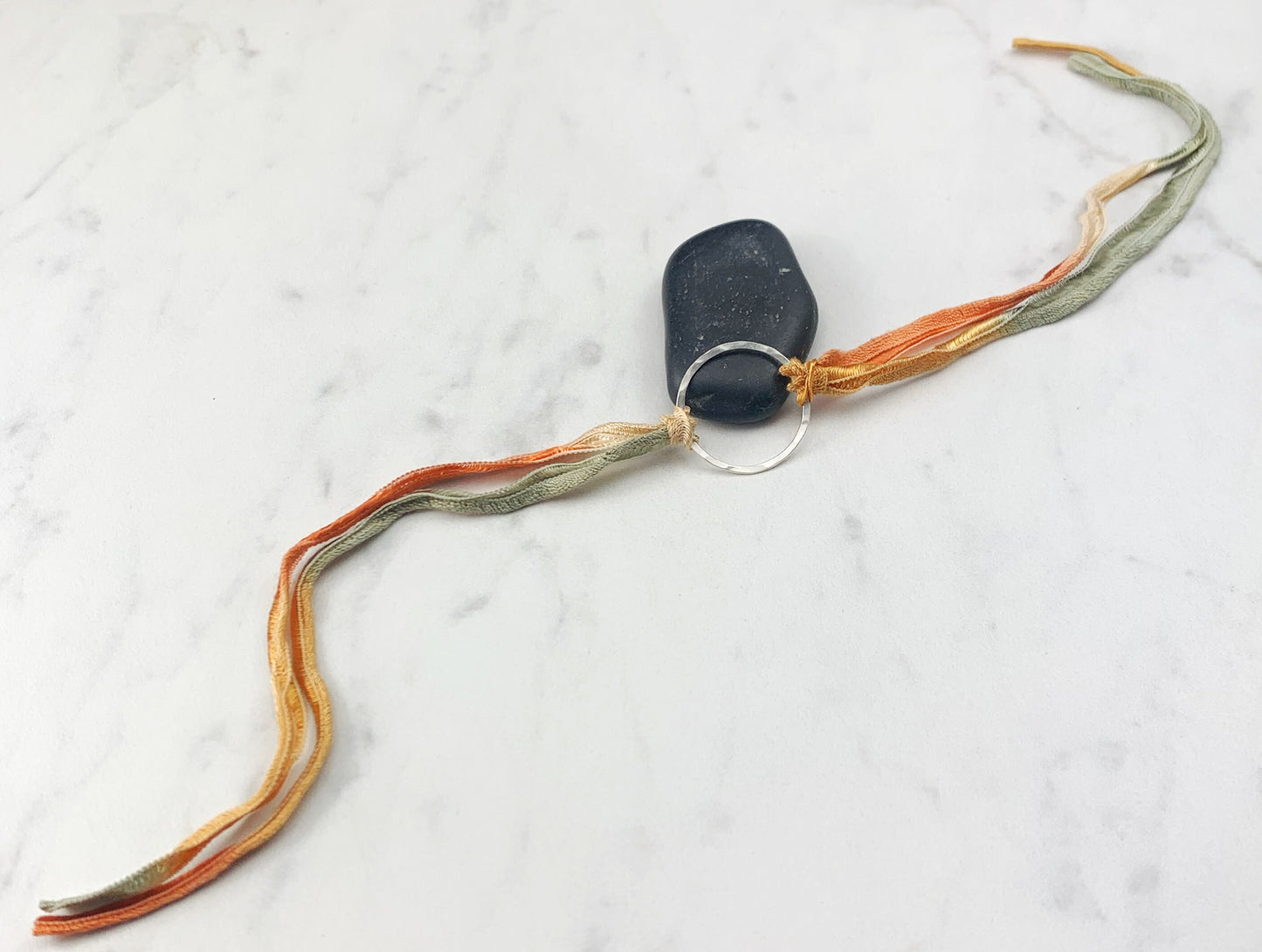 Sterling Silver Karma Bracelet, orange/gray silk, friendship bracelet, eternity ring, silver circle bracelet, dainty bracelet, hoop bracelet