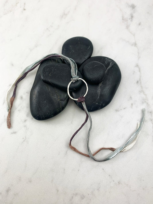Sterling Silver Karma Bracelet, gray silk, friendship bracelet, eternity ring, silver circle bracelet, dainty bracelet, hoop bracelet