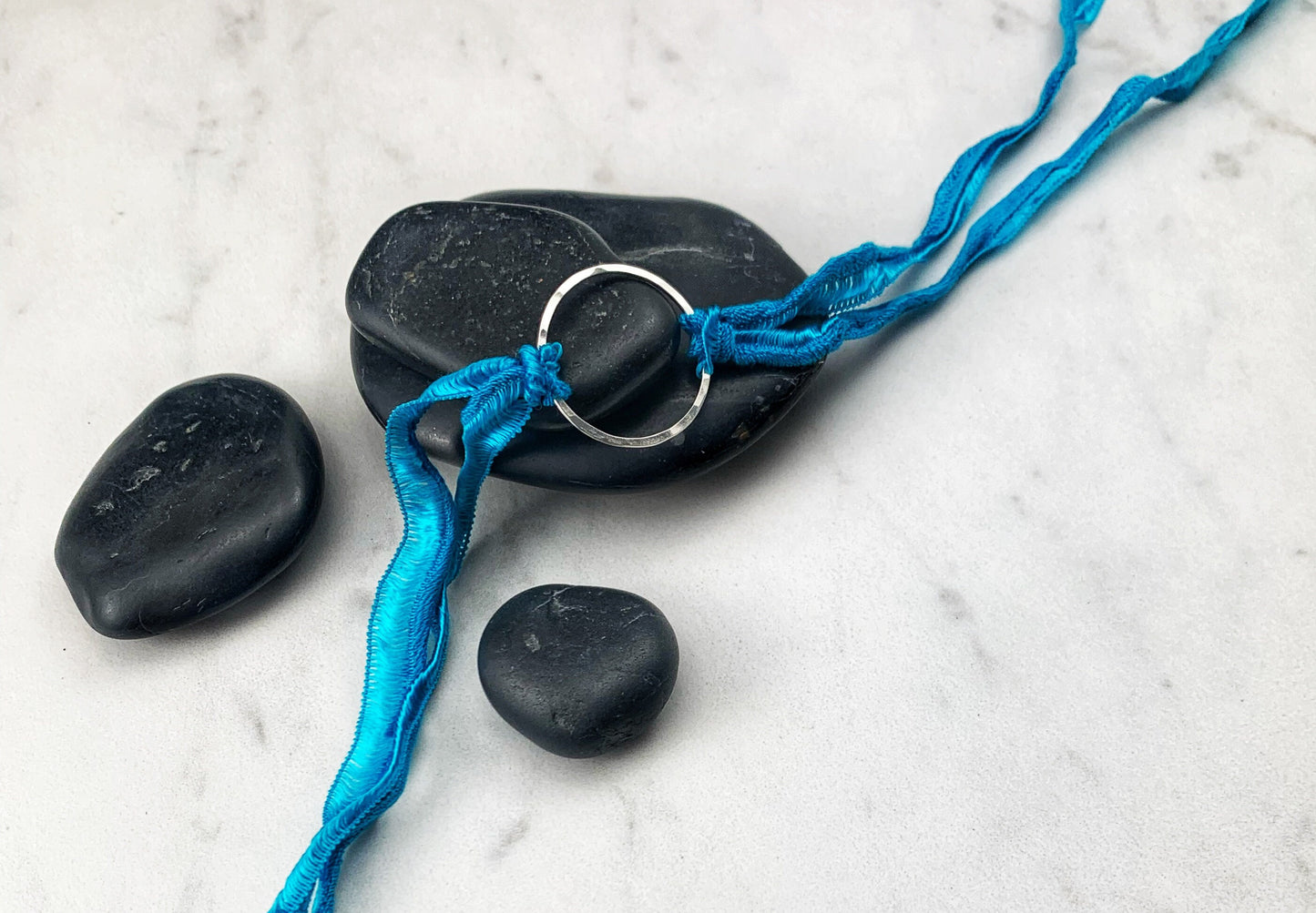 Sterling Silver Karma Bracelet, turquoise silk, friendship bracelet, eternity ring, silver circle bracelet, dainty bracelet, hoop bracelet