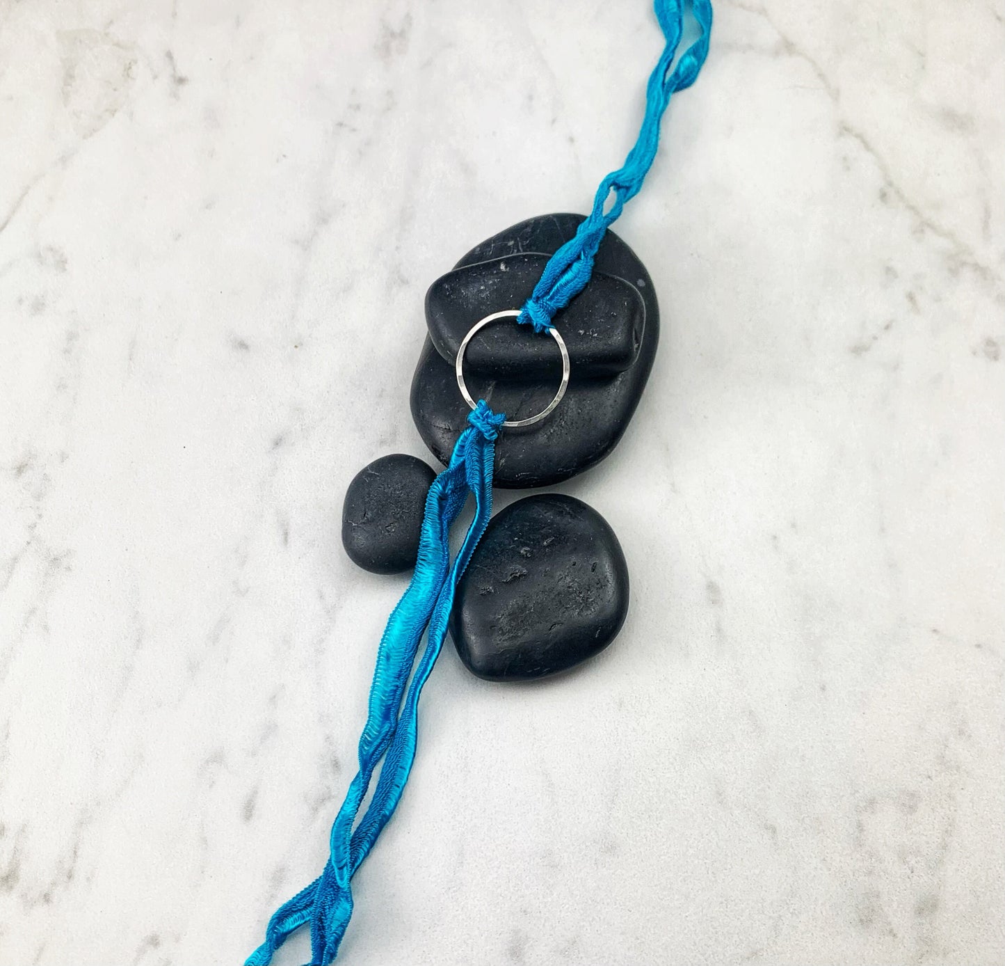 Sterling Silver Karma Bracelet, turquoise silk, friendship bracelet, eternity ring, silver circle bracelet, dainty bracelet, hoop bracelet