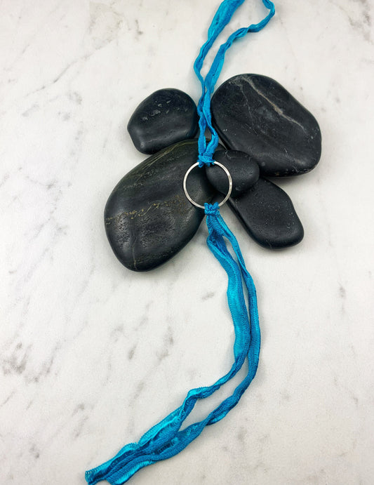 Sterling Silver Karma Bracelet, turquoise silk, friendship bracelet, eternity ring, silver circle bracelet, dainty bracelet, hoop bracelet