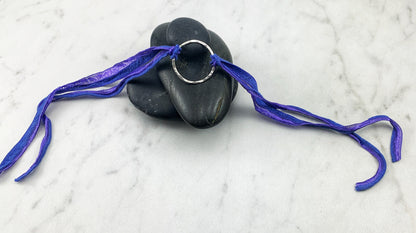 Sterling Silver Karma Bracelet, purple silk, friendship bracelet, eternity ring, silver circle bracelet, dainty bracelet, hoop bracelet