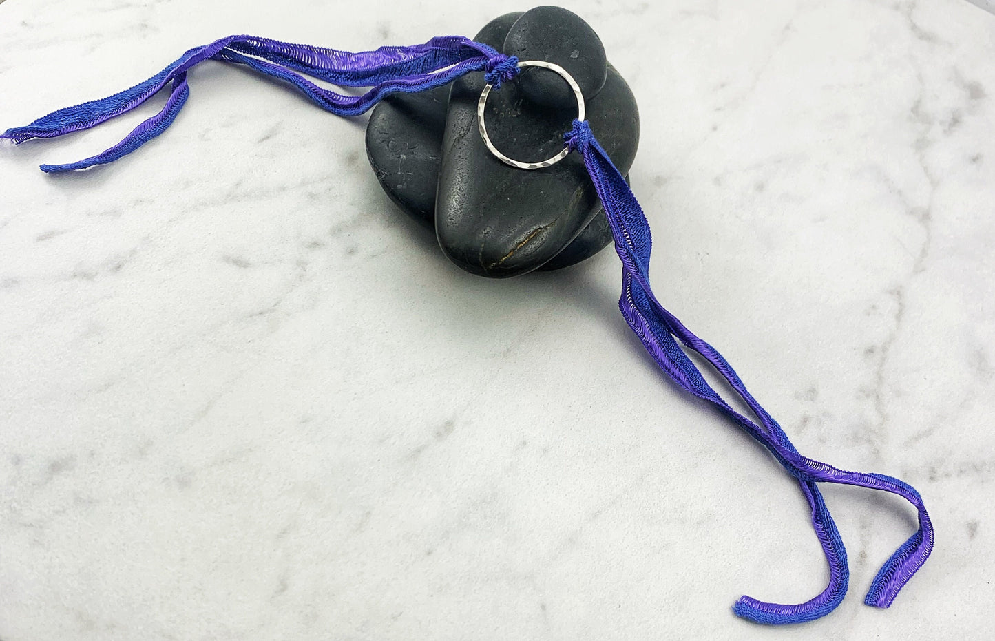 Sterling Silver Karma Bracelet, purple silk, friendship bracelet, eternity ring, silver circle bracelet, dainty bracelet, hoop bracelet