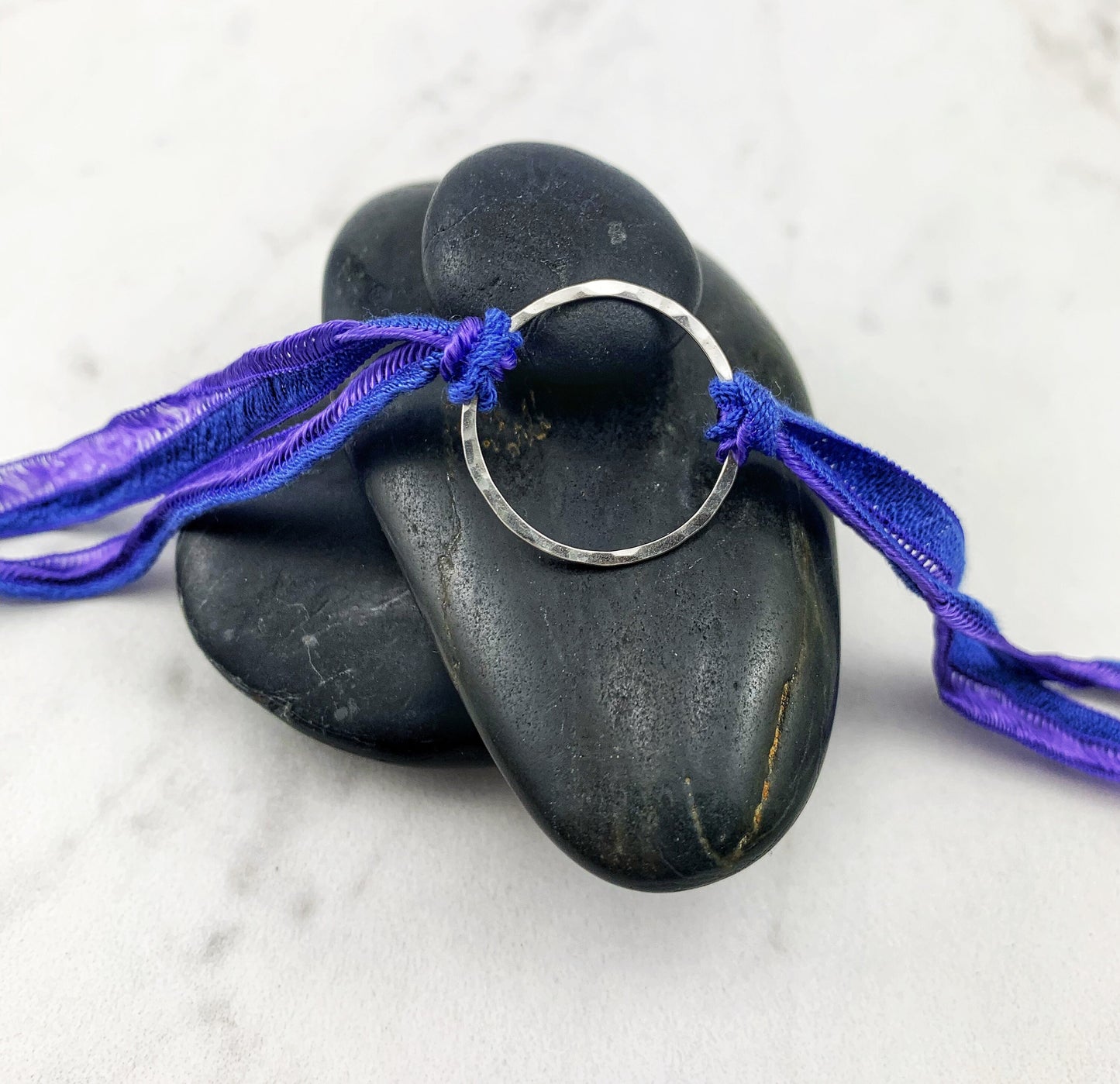 Sterling Silver Karma Bracelet, purple silk, friendship bracelet, eternity ring, silver circle bracelet, dainty bracelet, hoop bracelet