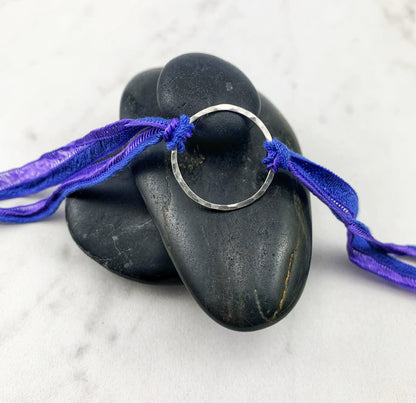 Sterling Silver Karma Bracelet, purple silk, friendship bracelet, eternity ring, silver circle bracelet, dainty bracelet, hoop bracelet