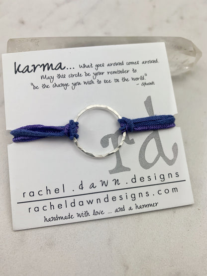 Sterling Silver Karma Bracelet, purple silk, friendship bracelet, eternity ring, silver circle bracelet, dainty bracelet, hoop bracelet