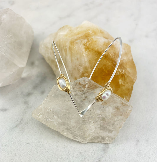 Silver Boho Threader Earrings with pearl, gold wrapped, threaders, minimalist earrings, dainty earrings, open hoops, wire wrapping