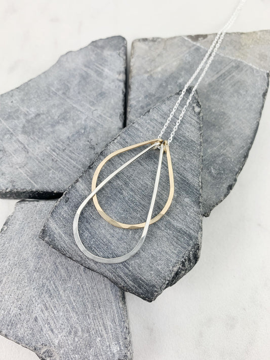 Mixed Metal Art Deco Necklace | Gold and Silver Necklace |Teardrop Necklace | Layering Necklace | Hammered Pendant | Boho Necklace