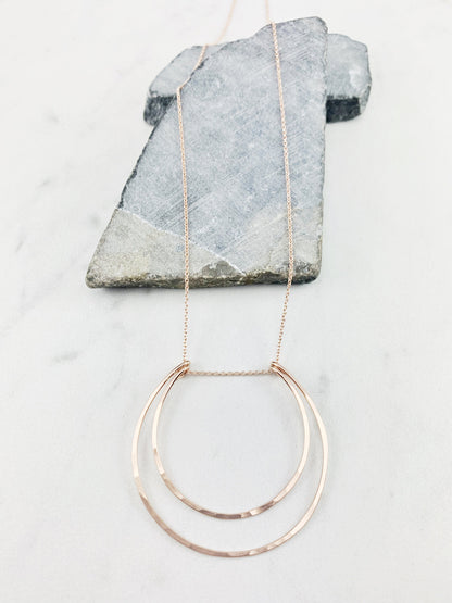 Rose Gold Crescent Moon Necklace | 14k Rose Gold Fill | Boho Moon Necklace | Celestial Jewelry | Open Circles Pendant | Moon Necklace | Hoop Necklace | Hammered Pendant