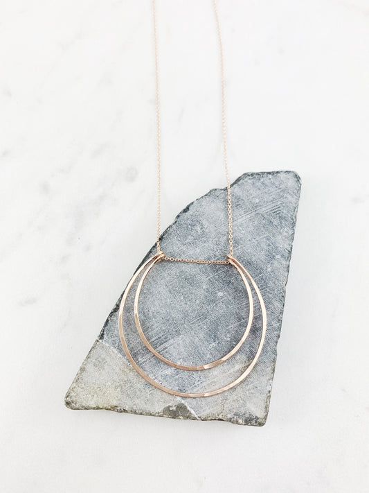 Rose Gold Crescent Moon Necklace | 14k Rose Gold Fill | Boho Moon Necklace | Celestial Jewelry | Open Circles Pendant | Moon Necklace | Hoop Necklace | Hammered Pendant