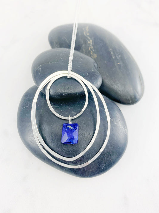 Sterling Silver Oval and Lapis Necklace, hammered circle & oval necklace, lapis drop necklace, delicate stone necklace, birthstone necklace