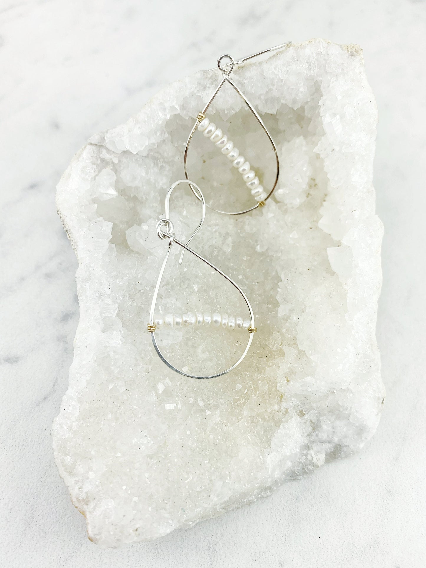Silver Pearl Teardrop Earrings | Teardrop Hoops | Geometric Earrings | Minimalist Earrings | Birthstone Earrings | June Birthstone | Pearl Jewelry