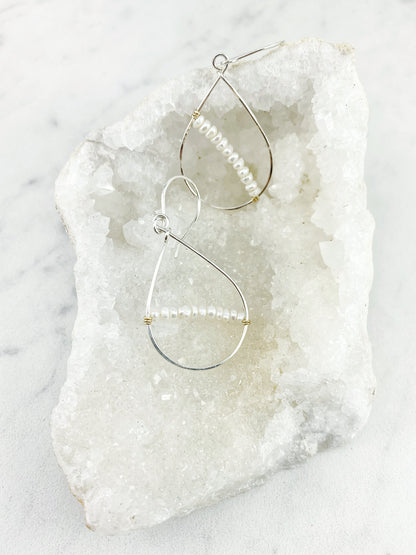 Silver Pearl Teardrop Earrings | Teardrop Hoops | Geometric Earrings | Minimalist Earrings | Birthstone Earrings | June Birthstone | Pearl Jewelry