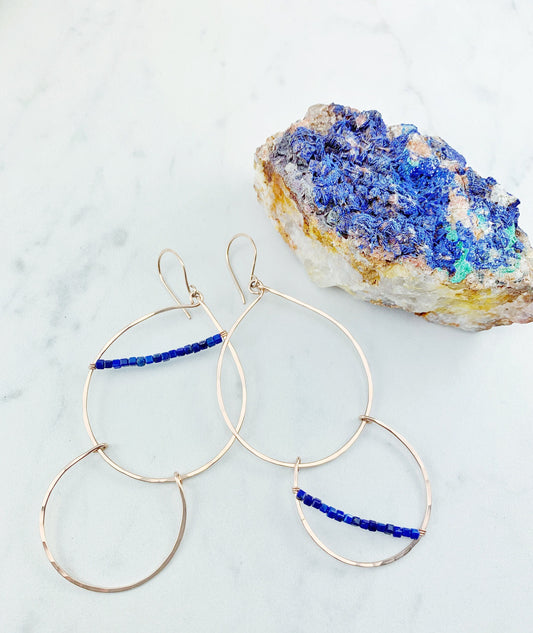 Gold Lapis Teardrop Hoops | Statement Earrings | Teardrop Earrings | Asymmetric Earrings | Lapis Earrings | Boho Hoops | Lightweight Earrings | Edgy Earrings | Modern Earrings