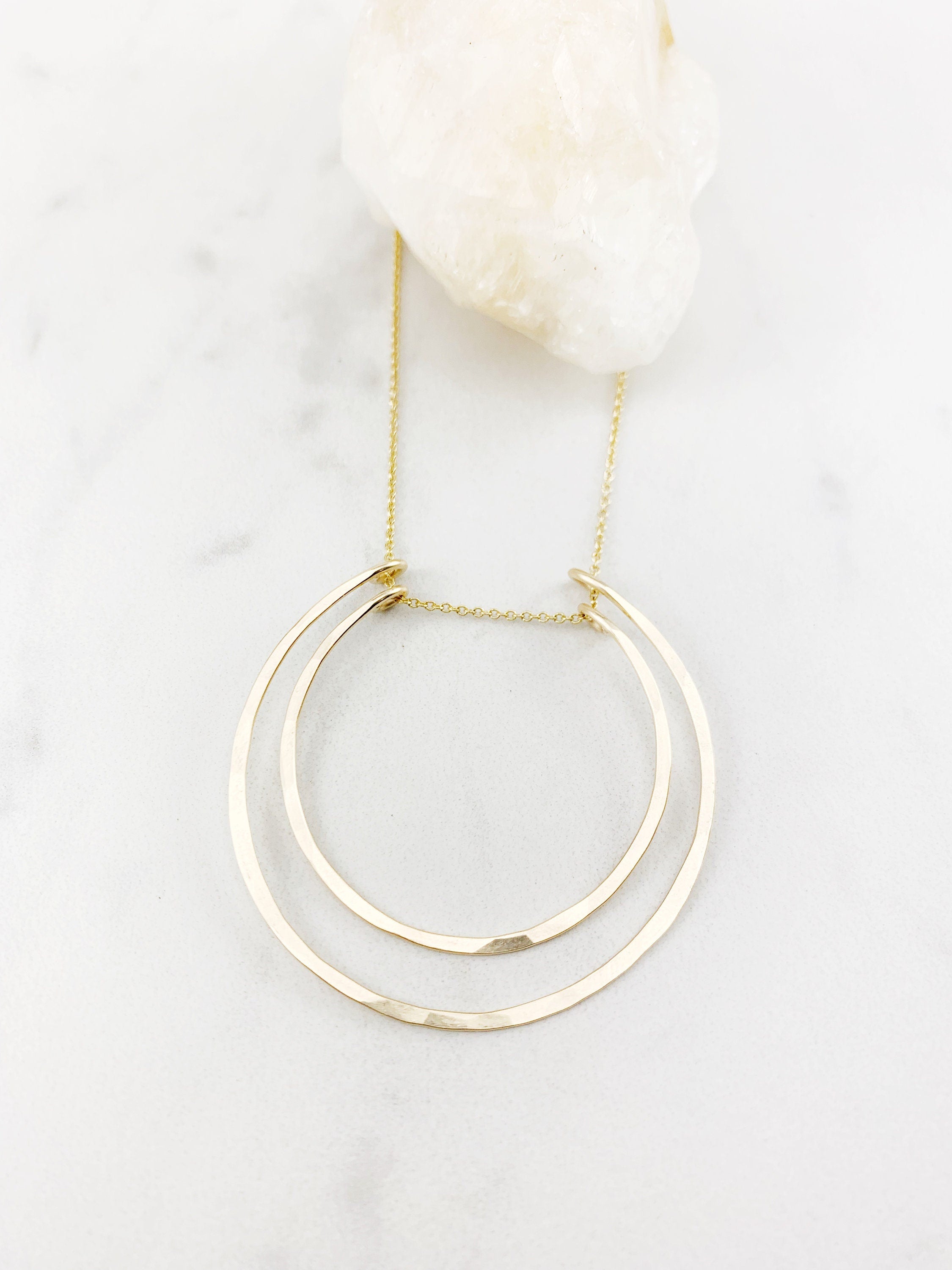Crescent Moon Gold Hoop Necklace, Open Circles Pendant, Moon Necklace, Dainty Necklace, Arch Necklace, 14k Gold