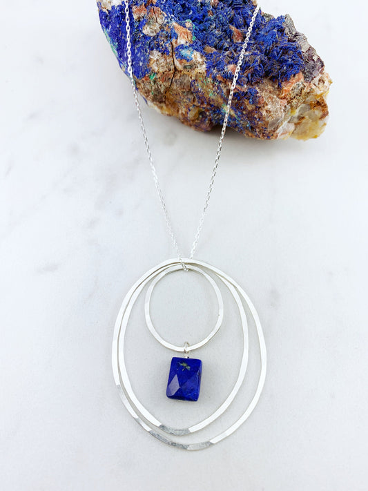 Sterling Silver Oval and Lapis Necklace, hammered circle & oval necklace, lapis drop necklace, delicate stone necklace, birthstone necklace