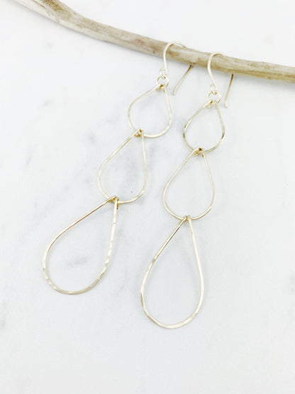 Gold Triple Teardrop Earrings | Waterfall Earrings | Gold Geometric Earrings| 14 K Gold Fill