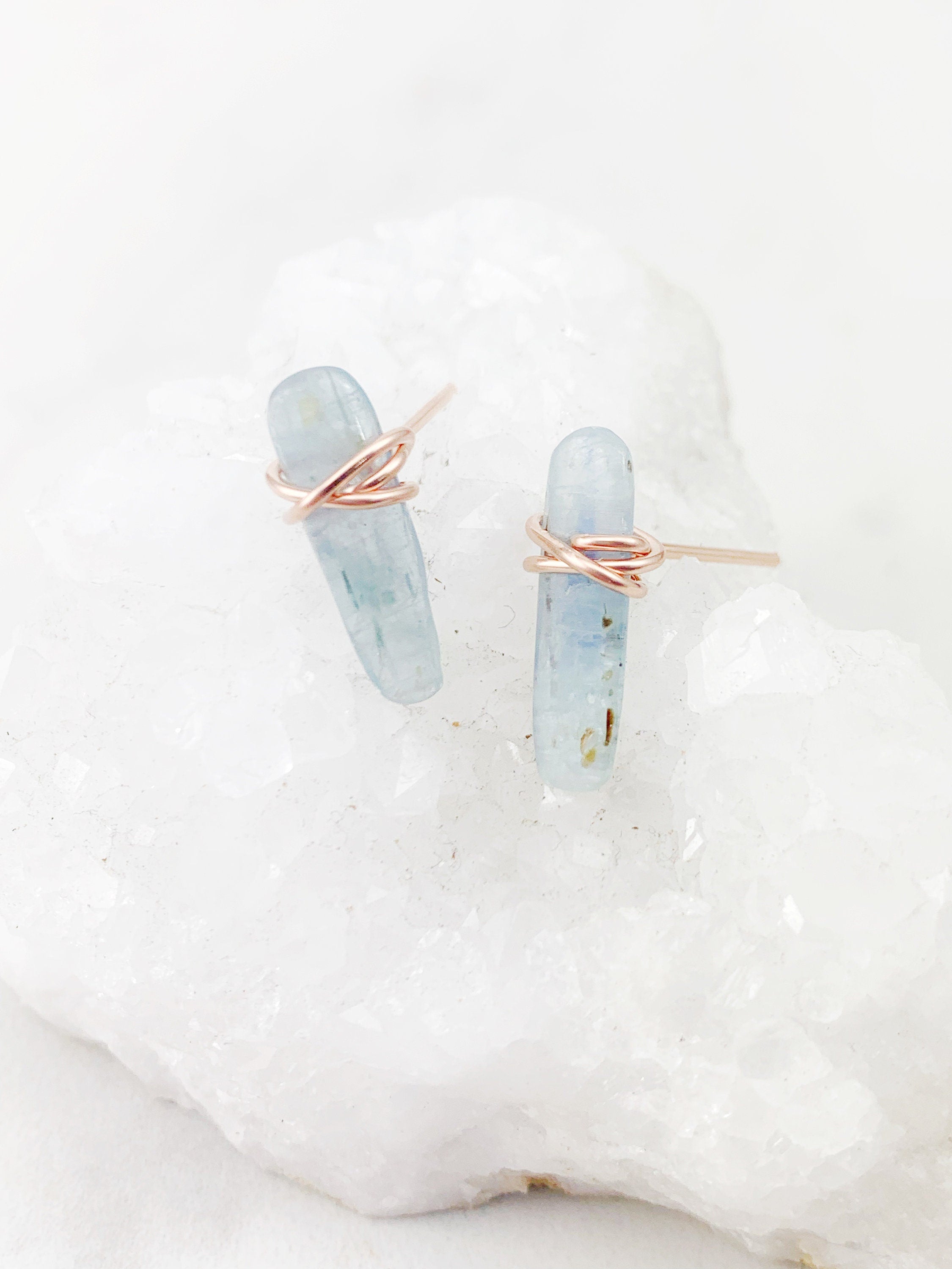 Kyanite Gemstone and Rose Gold Stud Earrings, gemstone earrings, blue stone earrings, stud earrings