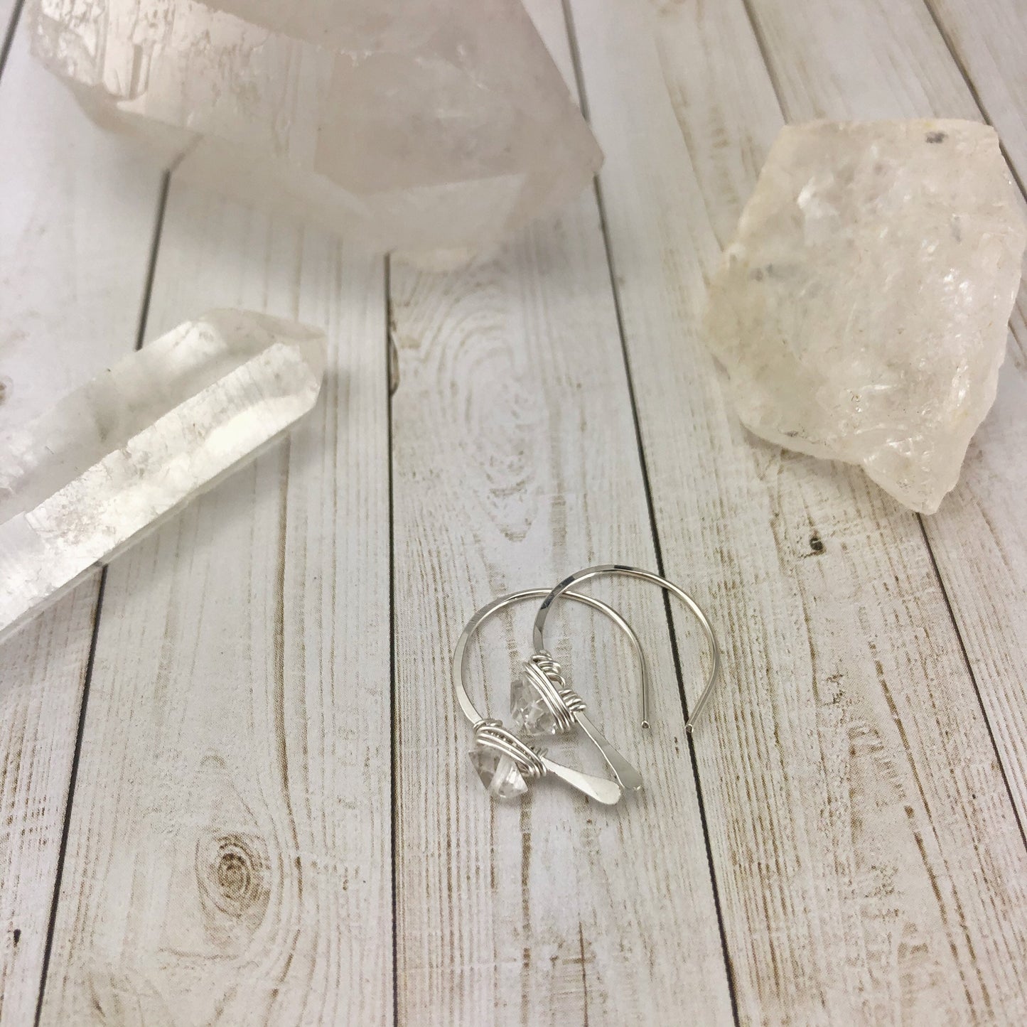 Silver Herkimer Diamond Open Hoops| Arch Earrings | Hammered Threaders | Silver Boho Hoops | Delicate Earrings | Birthstone Earrings | April Birthstone