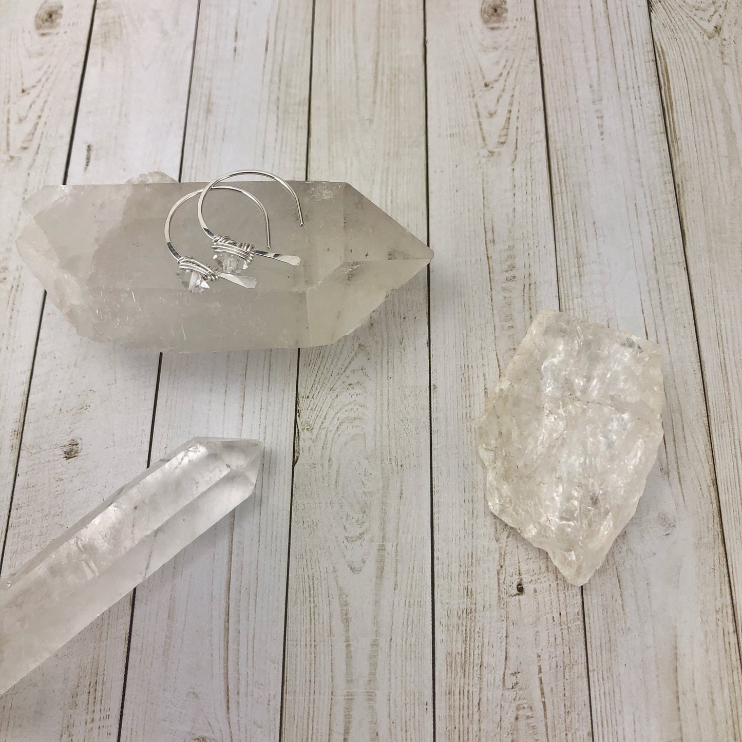 Silver Herkimer Diamond Open Hoops| Arch Earrings | Hammered Threaders | Silver Boho Hoops | Delicate Earrings | Birthstone Earrings | April Birthstone