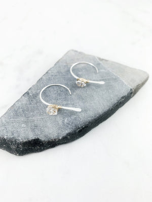 Silver Arch Earrings with Gold Wrapped Herkimer Diamonds, arch earrings, threaders, boho earrings, delicate jewelry, silver arches