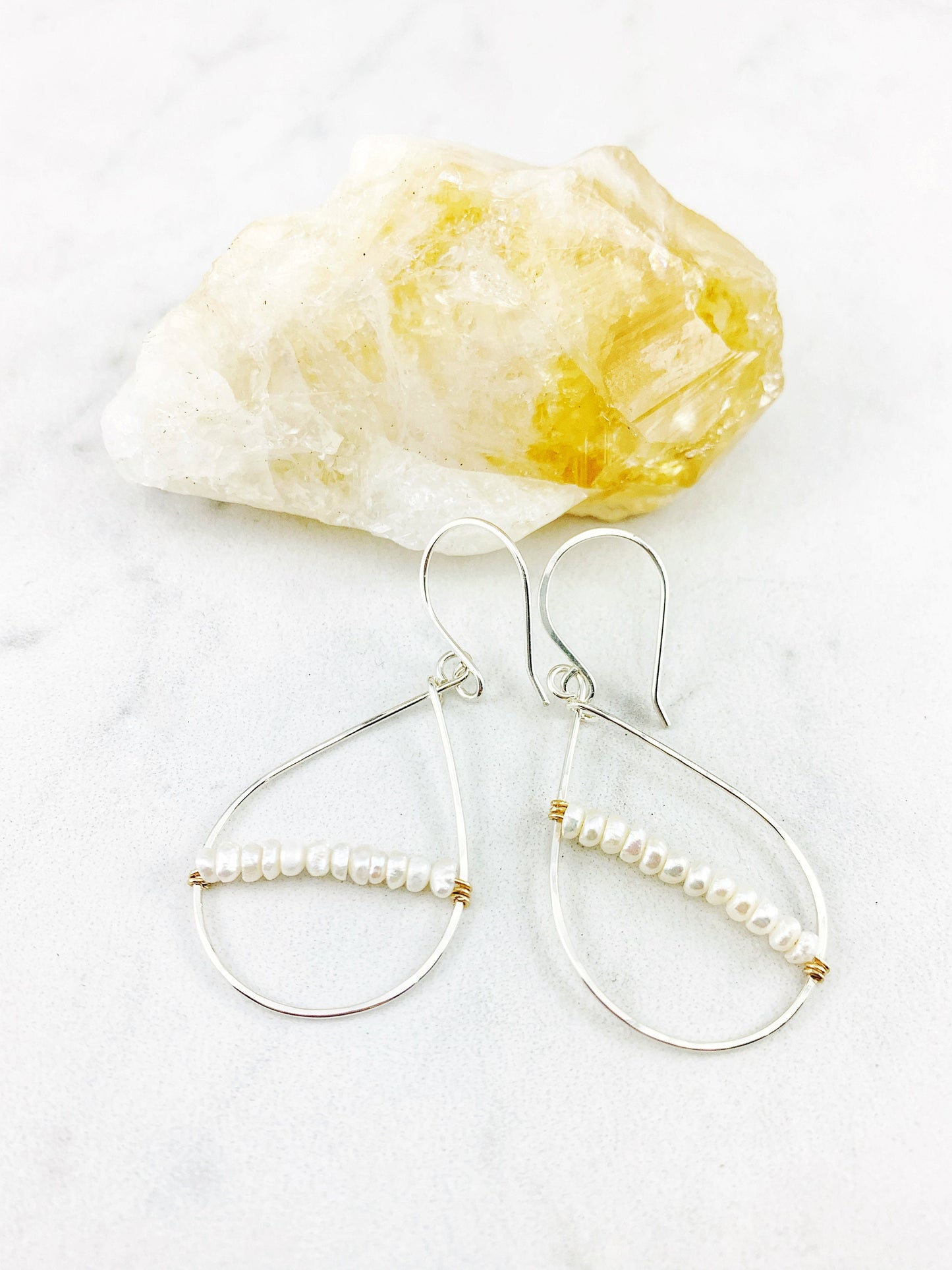 Silver Pearl Teardrop Earrings | Teardrop Hoops | Geometric Earrings | Minimalist Earrings | Birthstone Earrings | June Birthstone | Pearl Jewelry