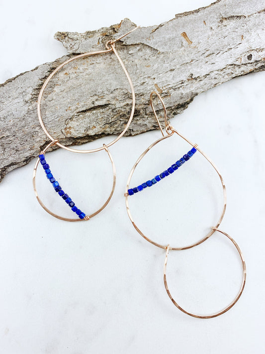 Gold Lapis Teardrop Hoops | Statement Earrings | Teardrop Earrings | Asymmetric Earrings | Lapis Earrings | Boho Hoops | Lightweight Earrings | Edgy Earrings | Modern Earrings