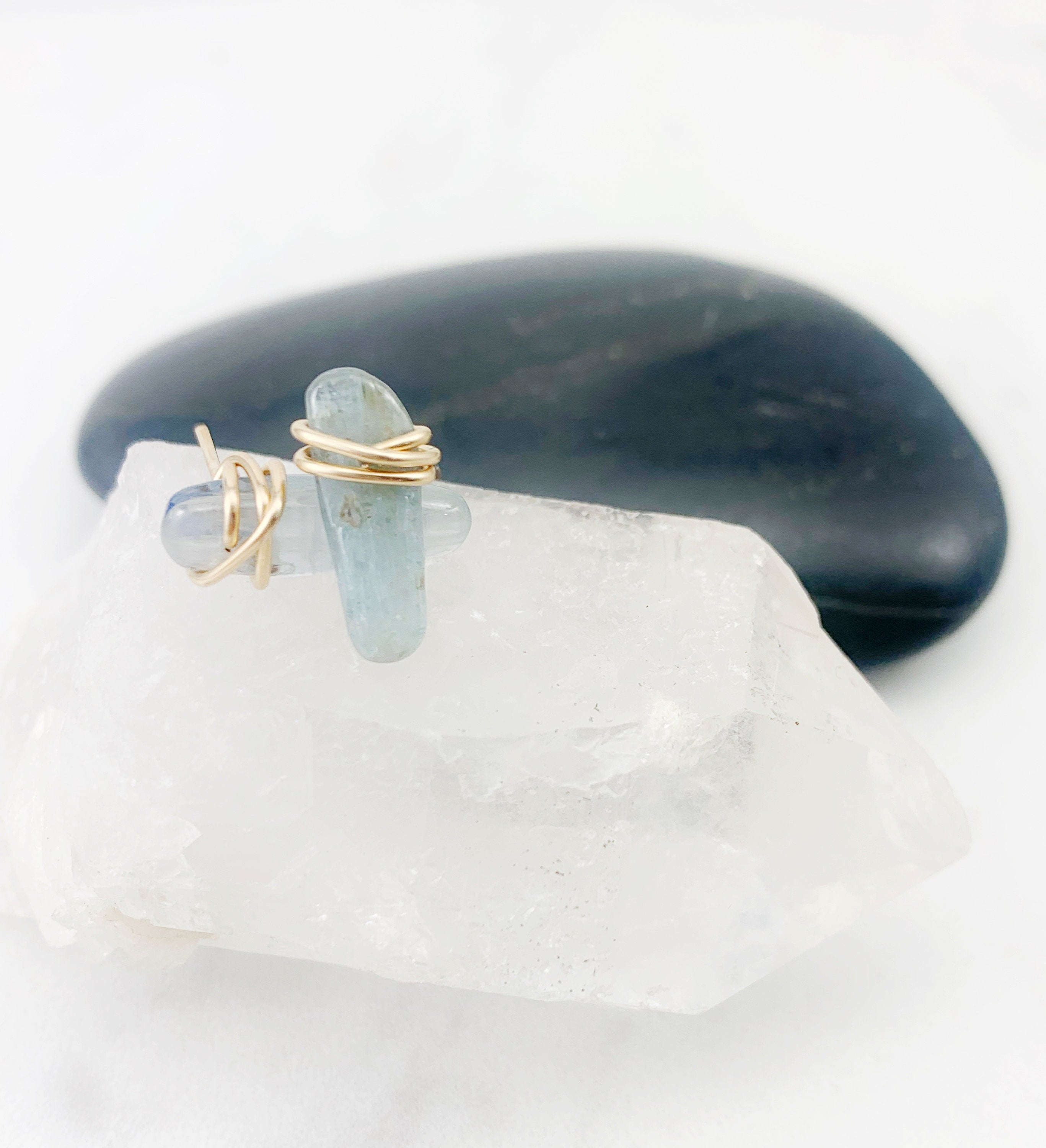 Kyanite Gemstone and 14k Gold Stud Earrings, gemstone earrings, blue stone earrings, stud earrings, wire wrapped earrings