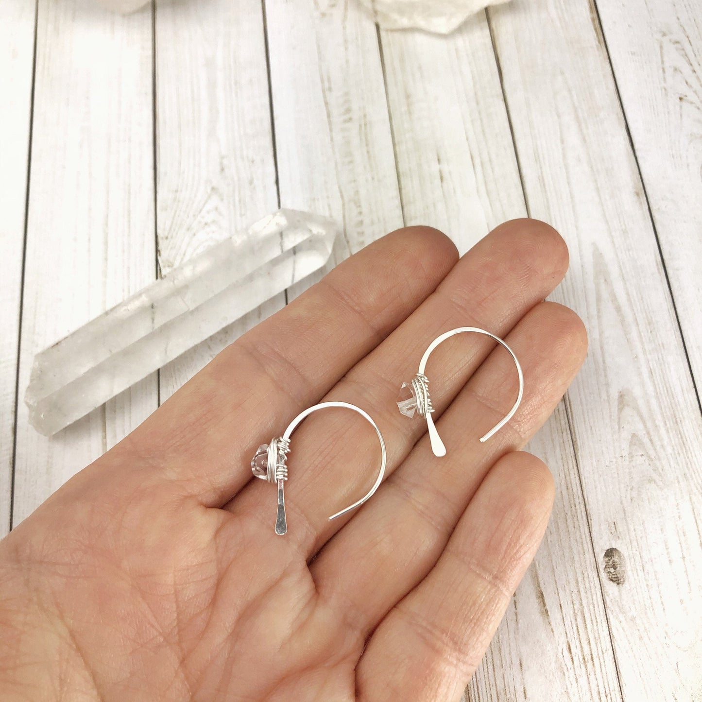 Silver Herkimer Diamond Open Hoops| Arch Earrings | Hammered Threaders | Silver Boho Hoops | Delicate Earrings | Birthstone Earrings | April Birthstone