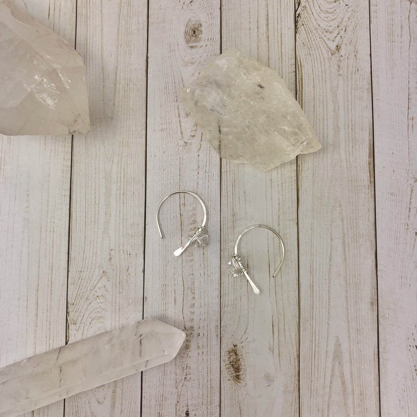 Silver Herkimer Diamond Open Hoops| Arch Earrings | Hammered Threaders | Silver Boho Hoops | Delicate Earrings | Birthstone Earrings | April Birthstone