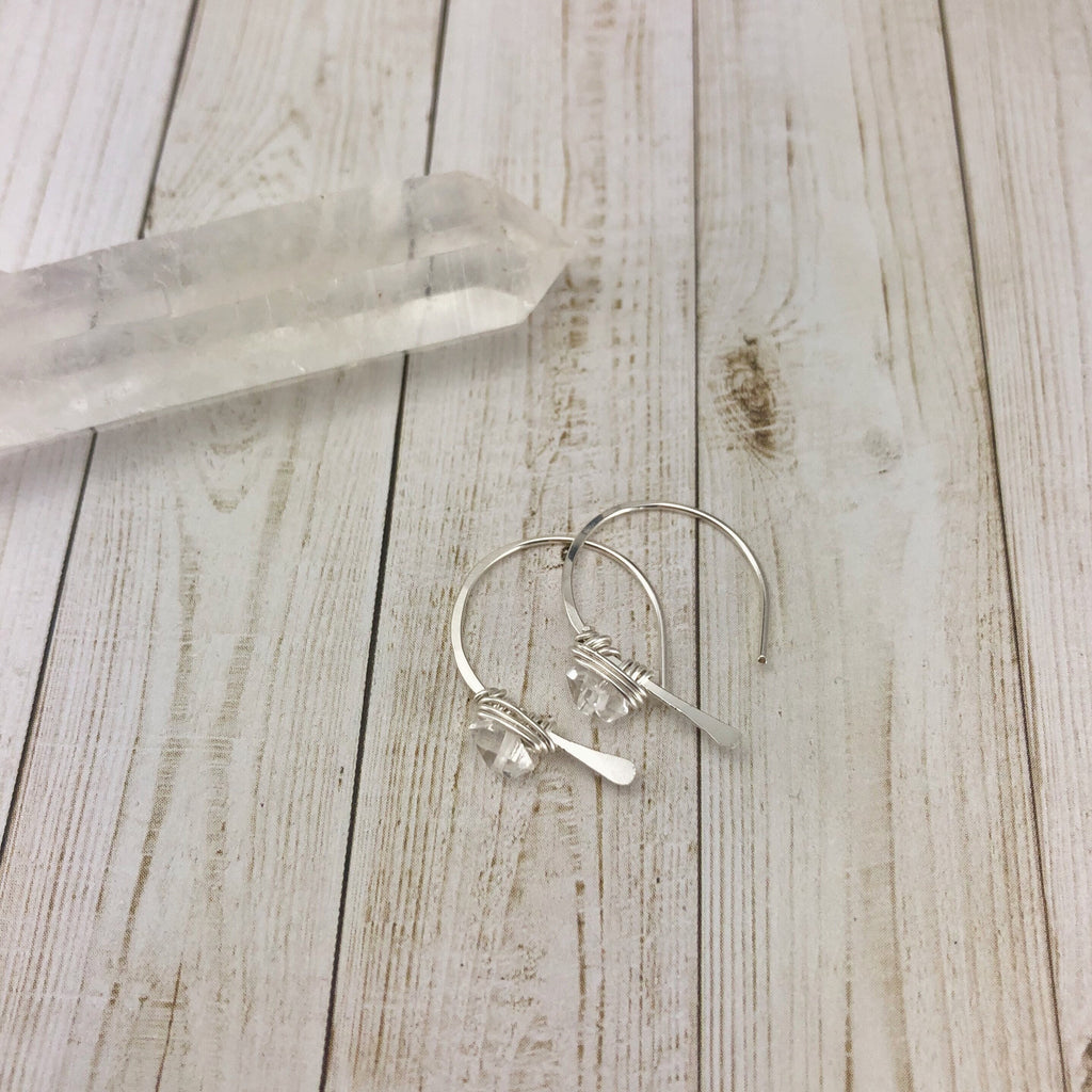 Silver Herkimer Diamond Open Hoops| Arch Earrings | Hammered Threaders | Silver Boho Hoops | Delicate Earrings | Birthstone Earrings | April Birthstone