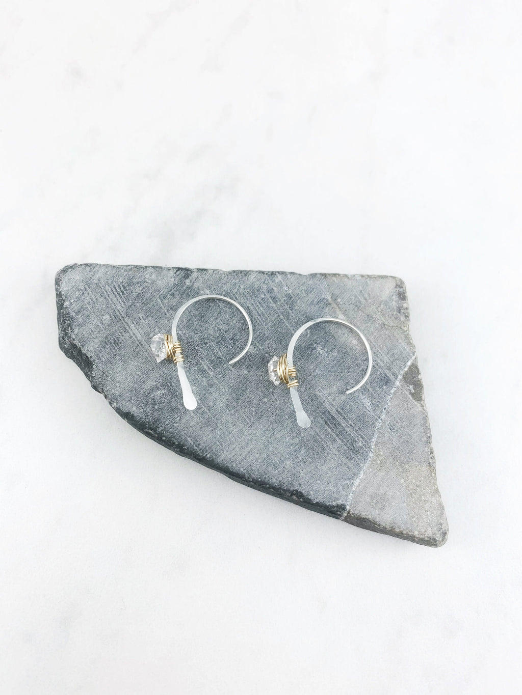 Silver Herkimer Diamond Open Hoops with Gold | Arch Earrings | Mixed Metal Threaders | Silver Boho Hoops | Delicate Earrings | Birthstone Earrings | April Birthstone