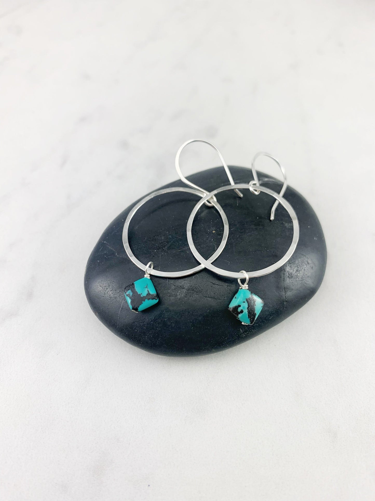 Sterling Silver Hoop and Turquoise Square Earrings, silver hammered earrings, circle jewelry, silver hoops, turquoise earrings