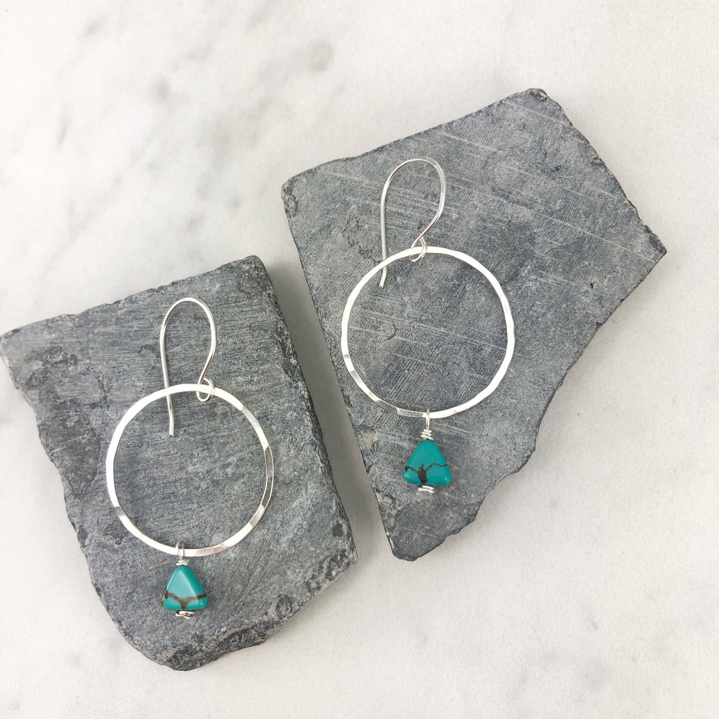 Sterling Silver Hoop and Turquoise Triangle Earrings, silver hammered earrings, circle jewelry, silver hoops, turquoise earrings