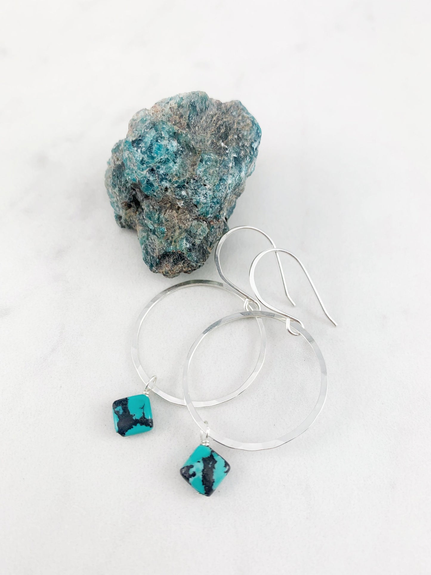 Sterling Silver Hoop and Turquoise Square Earrings, silver hammered earrings, circle jewelry, silver hoops, turquoise earrings