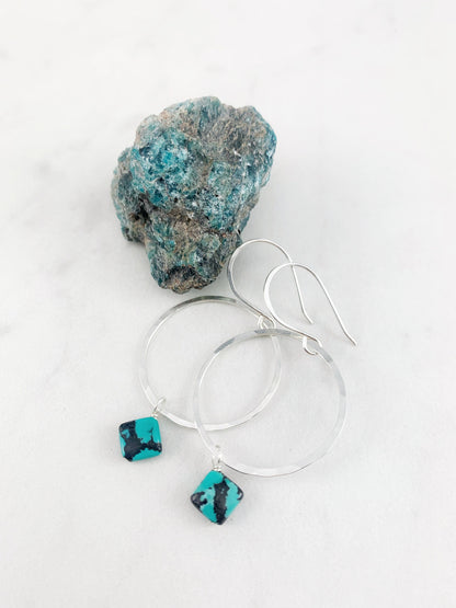 Sterling Silver Hoop and Turquoise Square Earrings, silver hammered earrings, circle jewelry, silver hoops, turquoise earrings