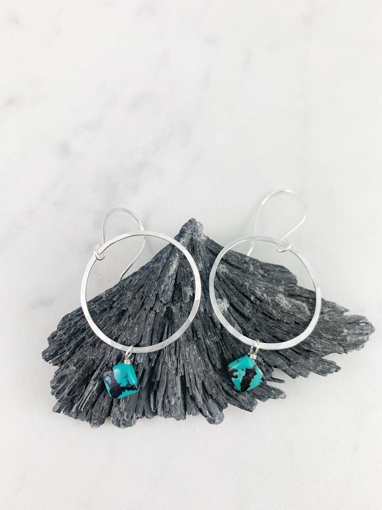 Sterling Silver Hoop and Turquoise Square Earrings, silver hammered earrings, circle jewelry, silver hoops, turquoise earrings