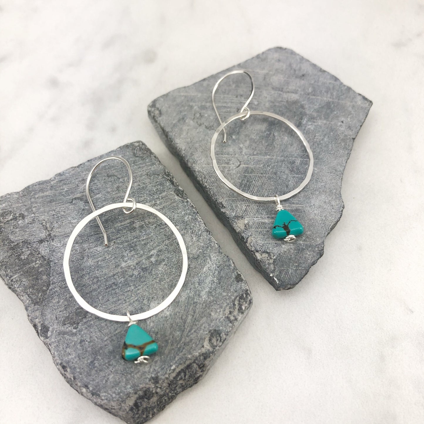 Sterling Silver Hoop and Turquoise Triangle Earrings, silver hammered earrings, circle jewelry, silver hoops, turquoise earrings