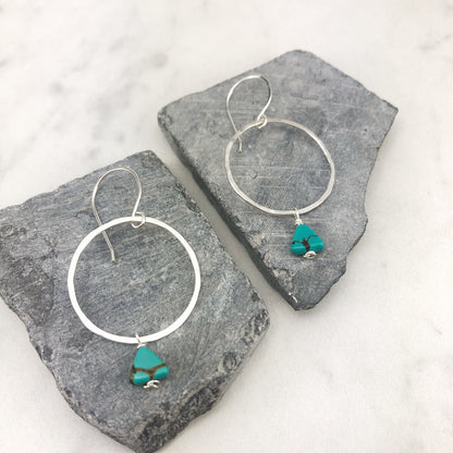 Sterling Silver Hoop and Turquoise Triangle Earrings, silver hammered earrings, circle jewelry, silver hoops, turquoise earrings