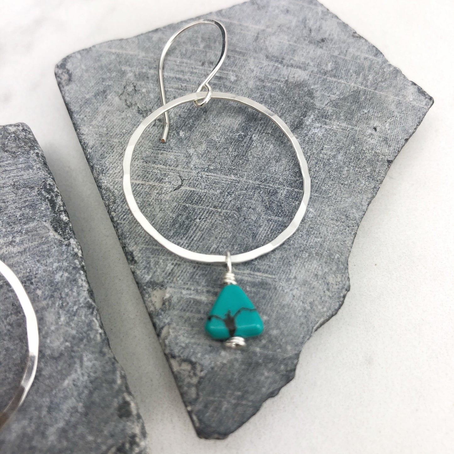 Sterling Silver Hoop and Turquoise Triangle Earrings, silver hammered earrings, circle jewelry, silver hoops, turquoise earrings