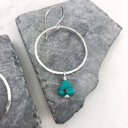 Sterling Silver Hoop and Turquoise Triangle Earrings, silver hammered earrings, circle jewelry, silver hoops, turquoise earrings
