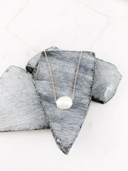 Rose Gold Floating Pearl Necklace, minimalist necklace, dainty pendant
