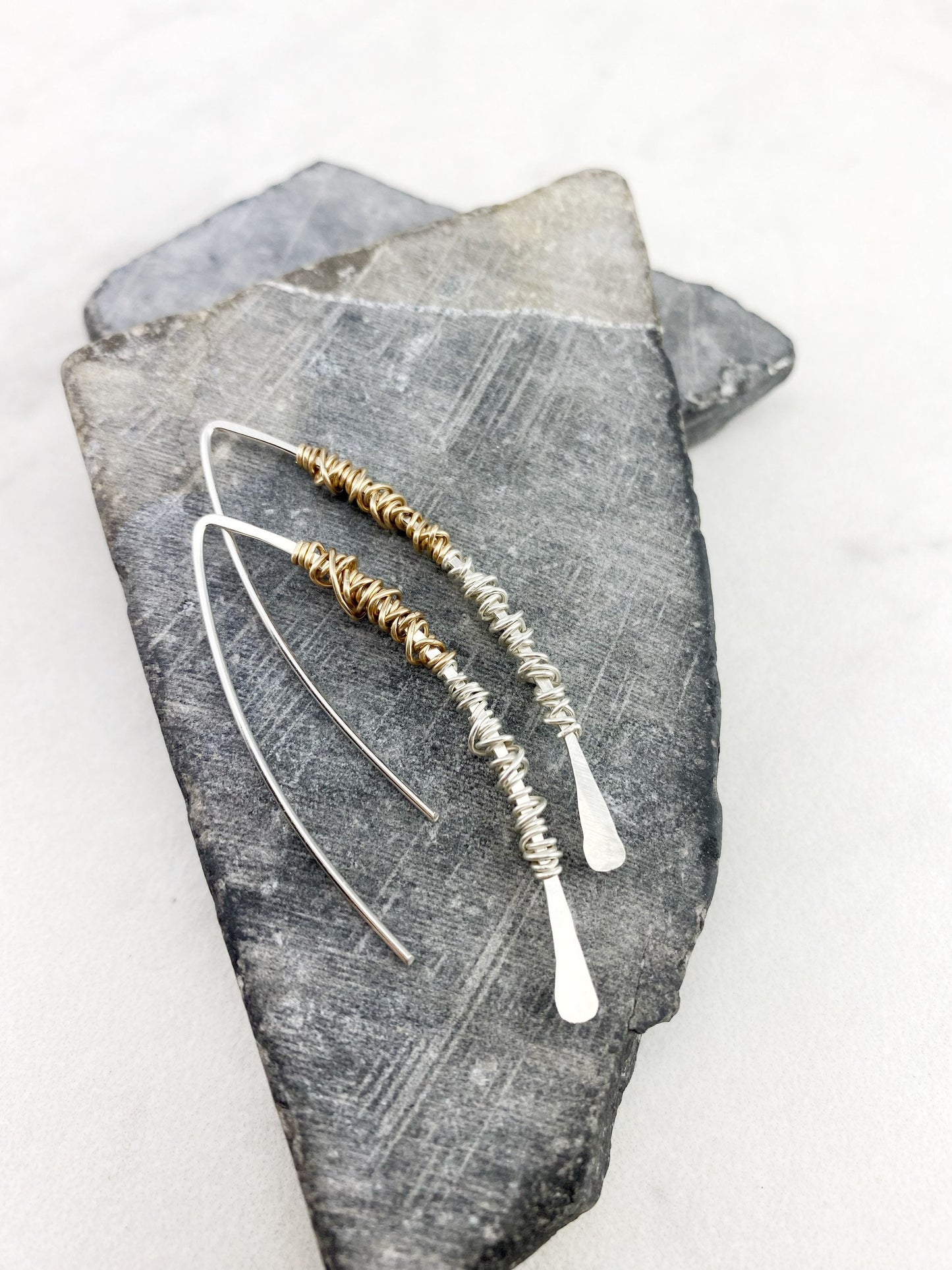 Silver Hammered Mixed Metal Boho Threader Earrings, wire wrapped, delicate earrings, mixed metal, open hoops, silver gold earrings