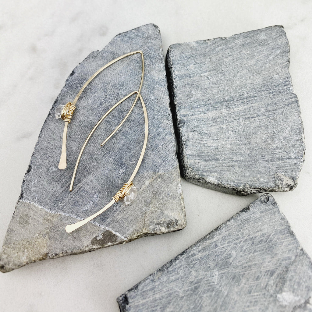 Hammered Gold Threader Earrings with Herkimer Diamonds, minimalist earrings, delicate earrings, gold earrings, open hoops