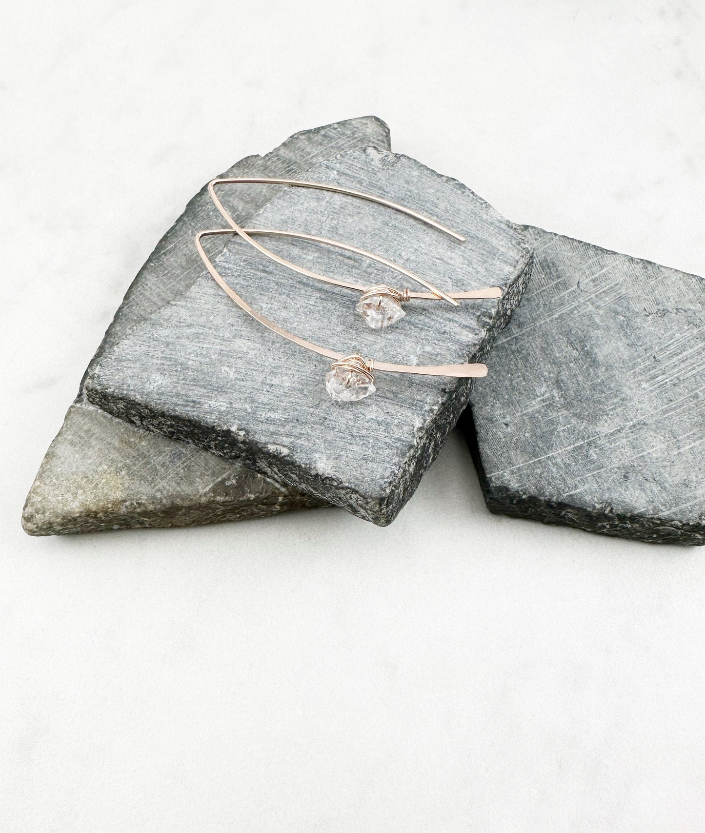 Hammered Rose Gold Threader Earrings with Herkimer Diamonds, minimalist earrings, delicate earrings, rose gold earrings, open hoops