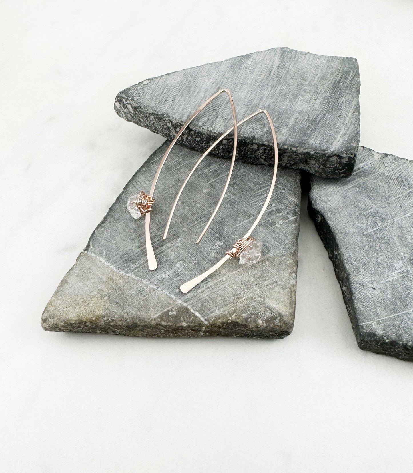 Hammered Rose Gold Threader Earrings with Herkimer Diamonds, minimalist earrings, delicate earrings, rose gold earrings, open hoops