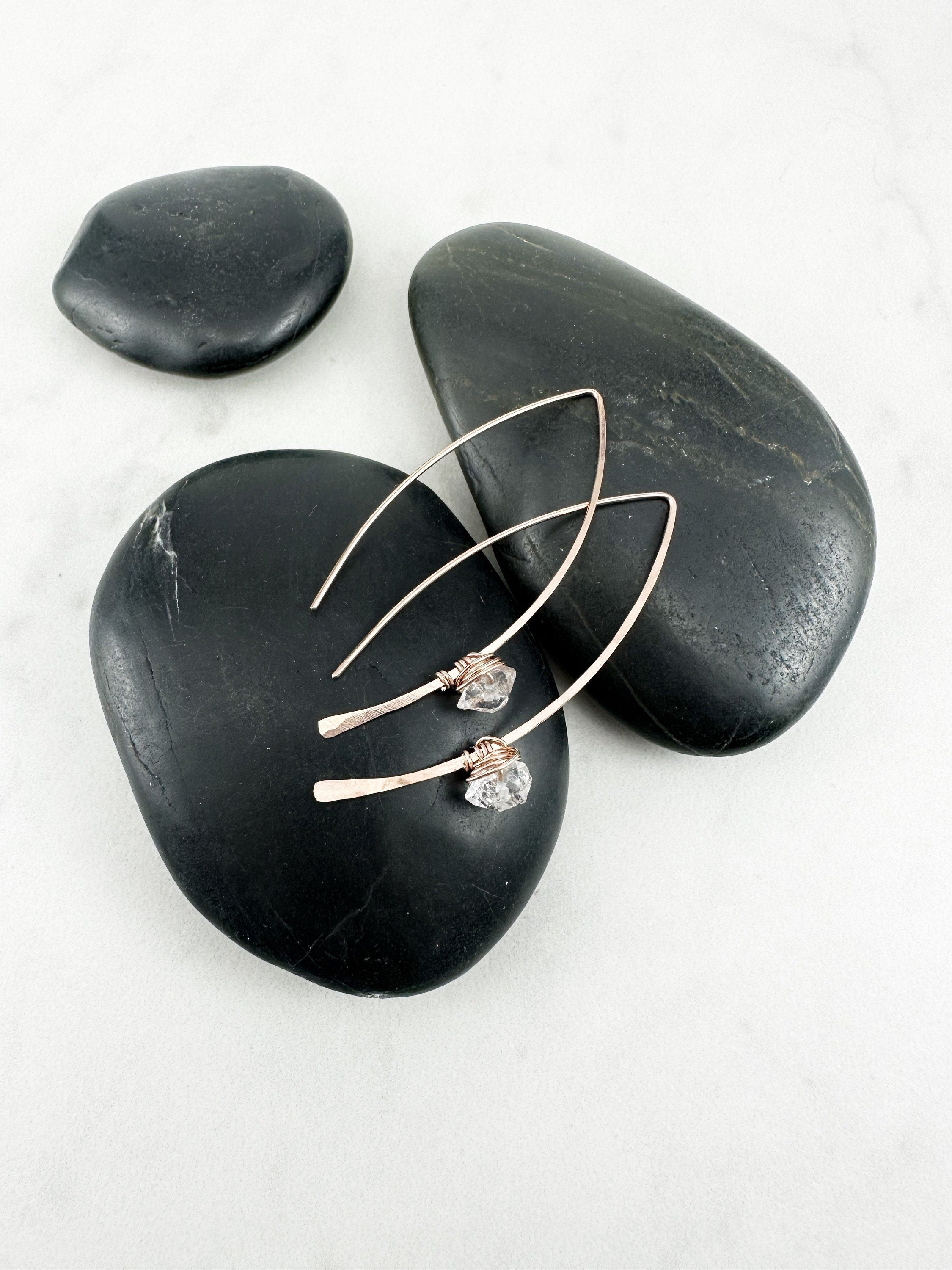 Hammered Rose Gold Threader Earrings with Herkimer Diamonds, minimalist earrings, delicate earrings, rose gold earrings, open hoops