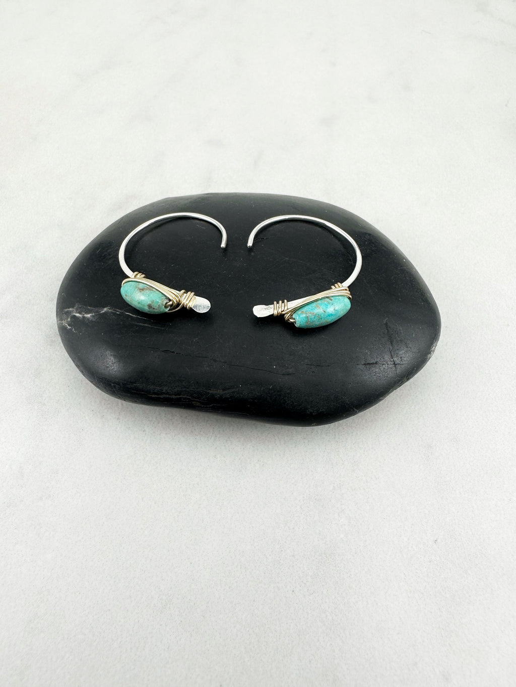 Silver Turquoise Open Hoops| Arch Earrings | Hammered Threaders | Turquoise Earrings | Turquoise Jewelry | Silver Boho Hoops | Delicate Earrings | Birthstone Earrings | December Birthstone