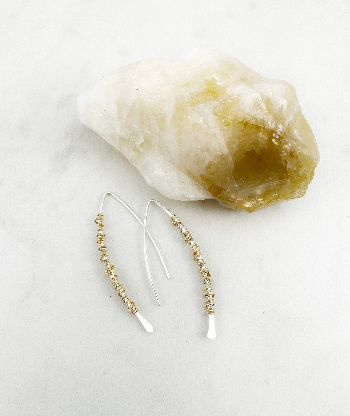 Hammered Sterlilng Silver Boho Threader Earrings with gold wire wrap, minimalist earrings, delicate earrings, threader earrings, open hoops