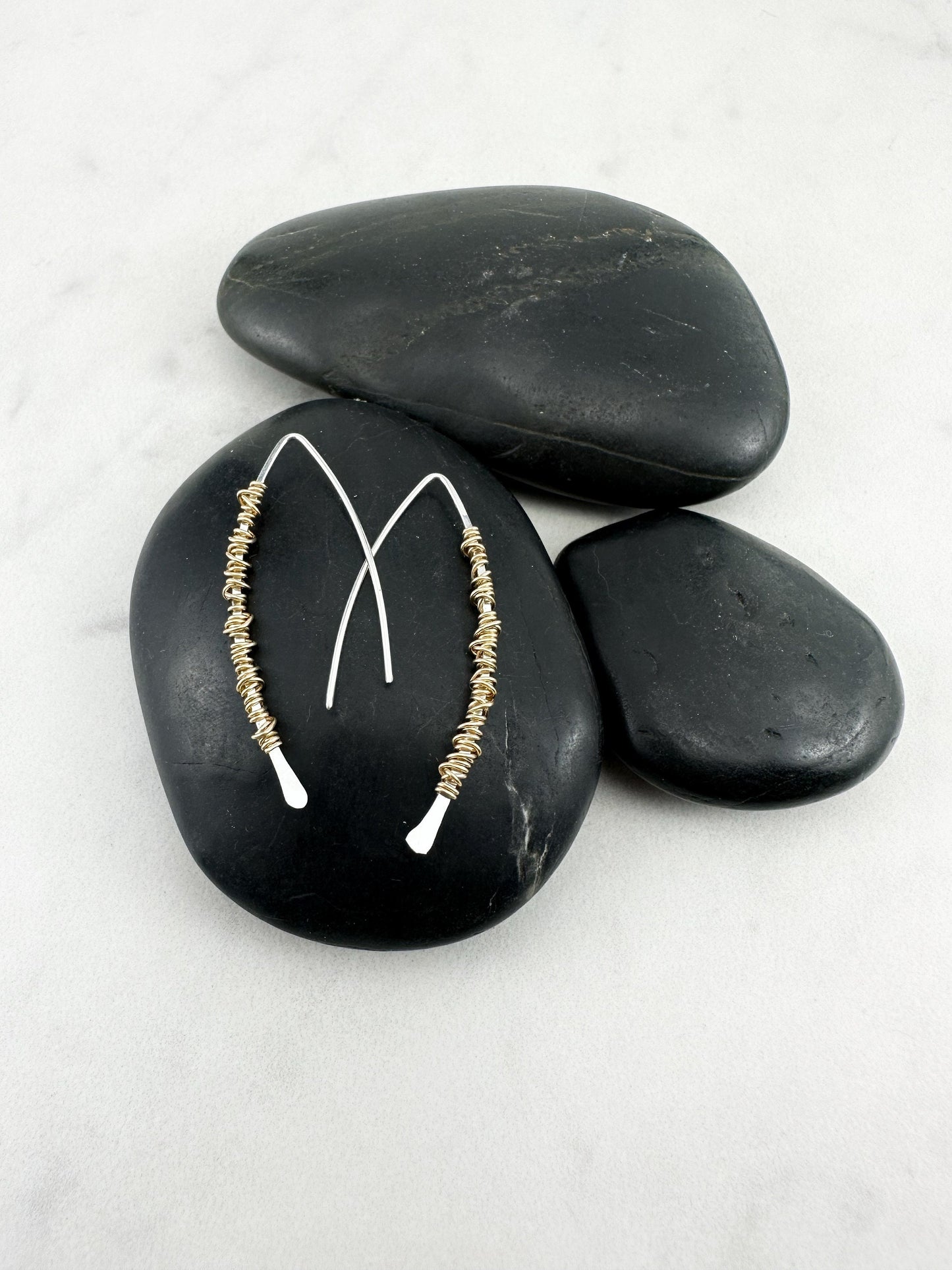 Hammered Sterlilng Silver Boho Threader Earrings with gold wire wrap, minimalist earrings, delicate earrings, threader earrings, open hoops